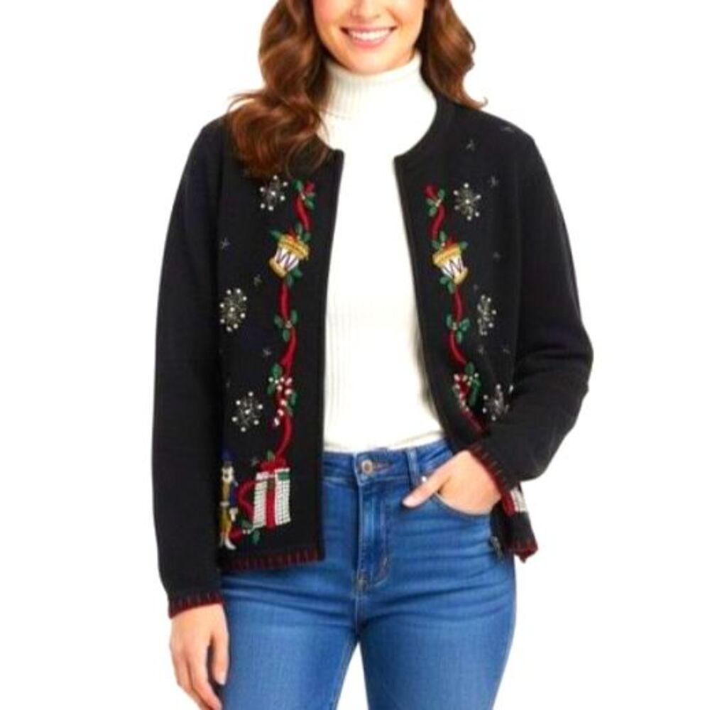 Vintage Victoria Jones Black Nutrcracker Christmas Full-Zip LS Sweater Size XL